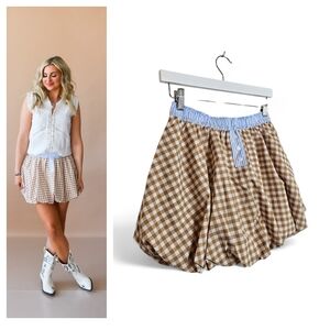 Bubble Hem Gingham Skirt Women S Taupe Baby Blue Stripe Elastic Waist Pockets